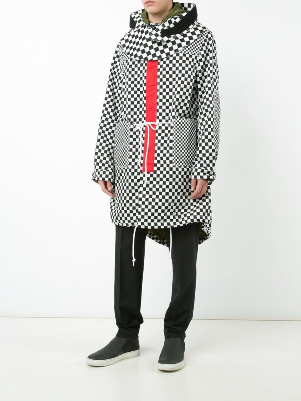 Givenchy Black & White Checkered Parka with Red Front Panel